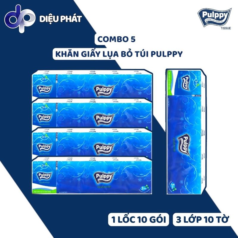 COMBO Khăn Giấy Lụa Bỏ Túi Pulppy 1 Lốc 10 Gói, Gói 10 Tờ x 3 Lớp 21,5x20cm