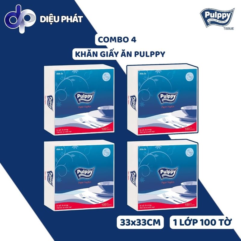 COMBO Khăn Giấy Ăn Pulppy 1 Lớp Gói 100 Tờ 33x33cm - Giấy Dai, Ít Bụi
