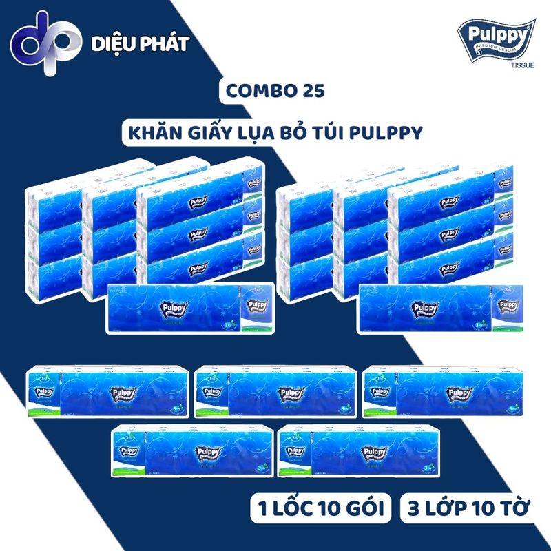 Thùng Khăn Giấy Lụa Bỏ Túi Pulppy Xanh 1 Lốc 10 Gói, Gói 10 Tờ x 3 Lớp 21,5x20cm