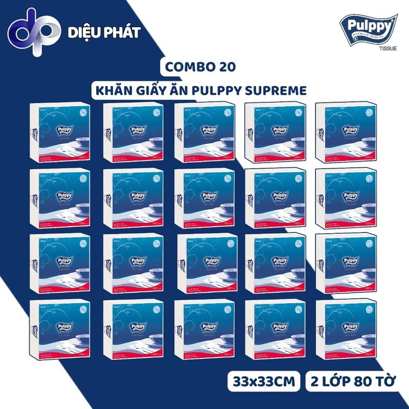 Ảnh 2 của Thùng Khăn Giấy Ăn Pulppy Xanh 1 Lớp Gói 100 Tờ 33x33cm