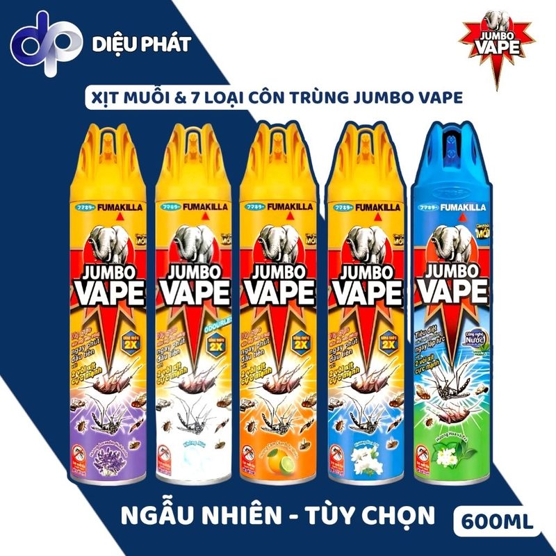 Thùng Xịt Côn Trùng JUMBO VAPE Chai 600ML - Cam Chanh, Không Mùi, Lavender, Hoa Lài, Hoa & Trà