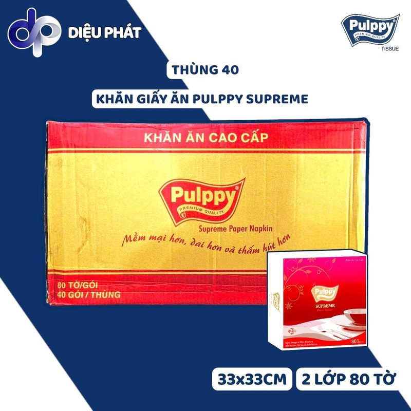 Thùng Khăn Giấy Ăn Lụa Pulppy Supreme Đỏ 2 Lớp Gói 80 Tờ - Giấy Lụa, Dai, Mịn, Không Bụi