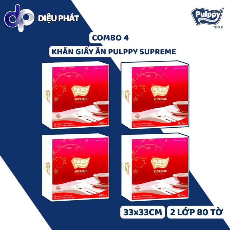 COMBO Khăn Giấy Ăn Lụa Pulppy Supreme Đỏ 2 Lớp Gói 80 Tờ 33x33cm