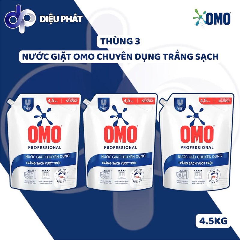 Thùng Nước Giặt OMO Chuyên Dụng Trắng Sạch Vượt Trội Túi 4.5KG Tiết Kiệm Đánh Bay Vết Bẩn Cứng Đầu
